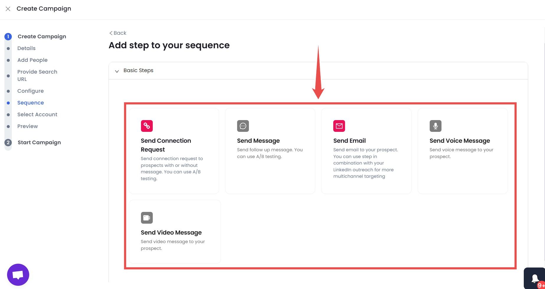 SalesRobot add step to sequence options.