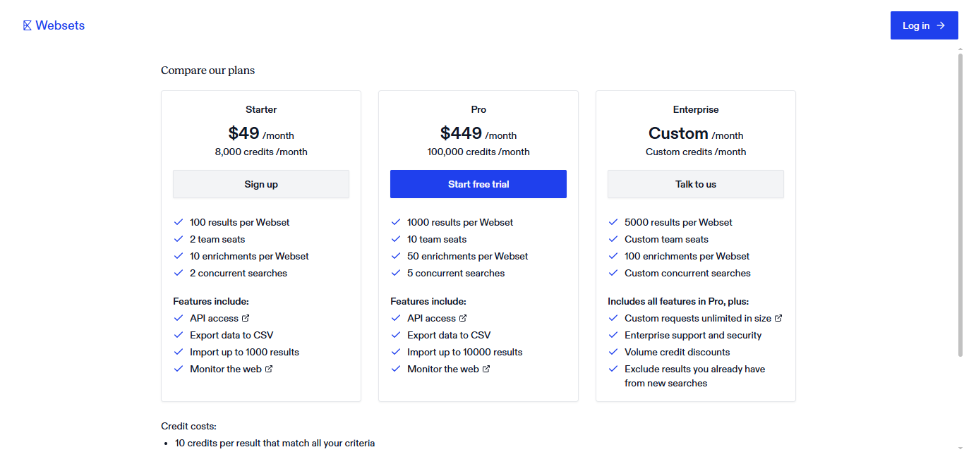 Exa websets pricing