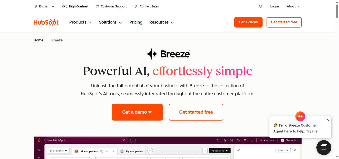 Hubspot breeze homepage
