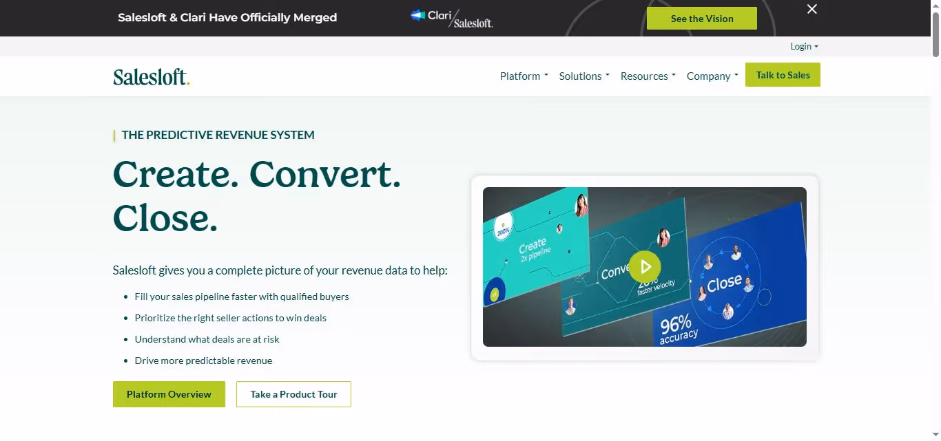 SalesLoft platform homepage advertising AI-driven sales workflows.