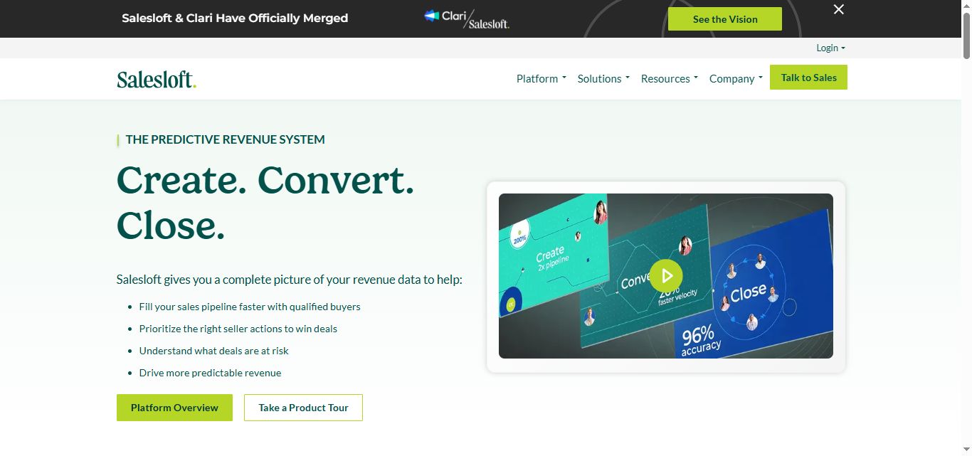 SalesLoft platform homepage advertising AI-driven sales workflows.