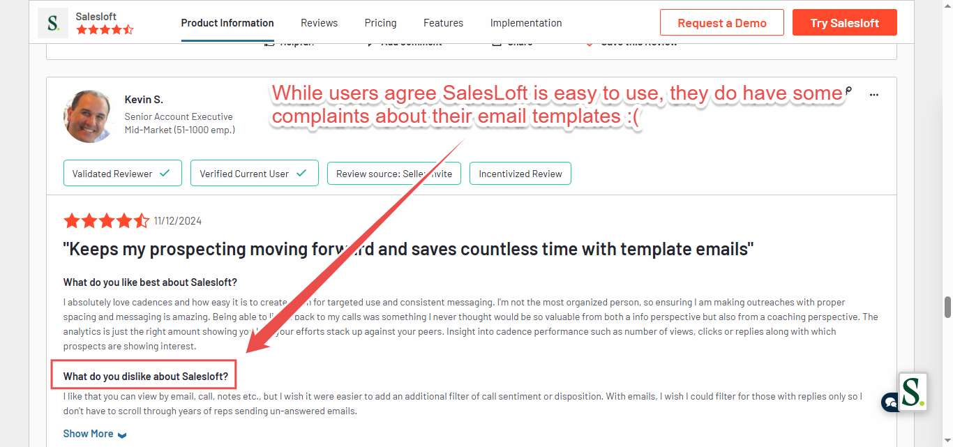 Positive SalesLoft review emphasizing time savings with email templates.