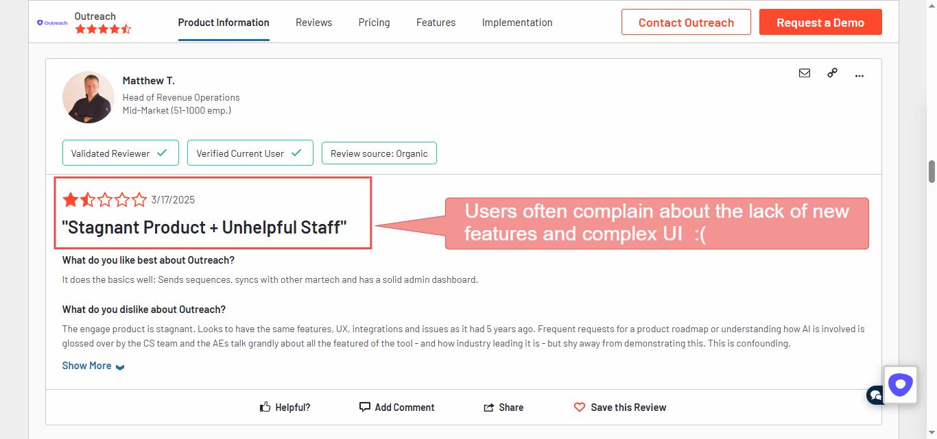 Negative review of Outreach highlighting stagnant product and unhelpful staff.