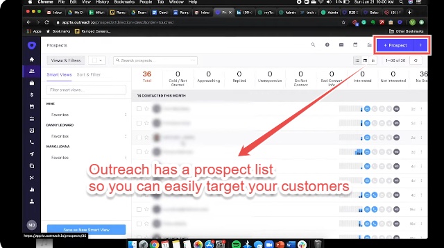 Outreach prospect list enabling easy customer targeting.