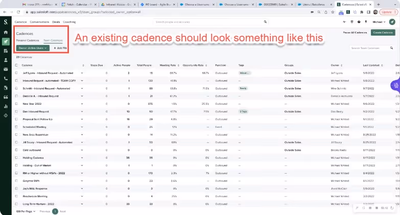 Example of an existing cadence in SalesLoft, showing various metrics.