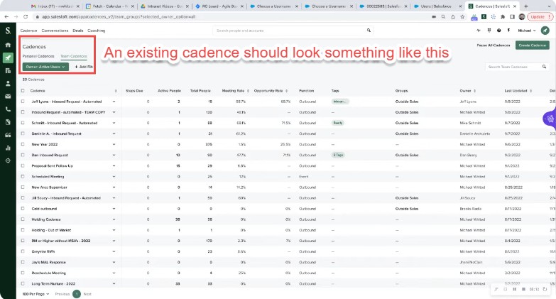 Example of an existing cadence in SalesLoft, showing various metrics.