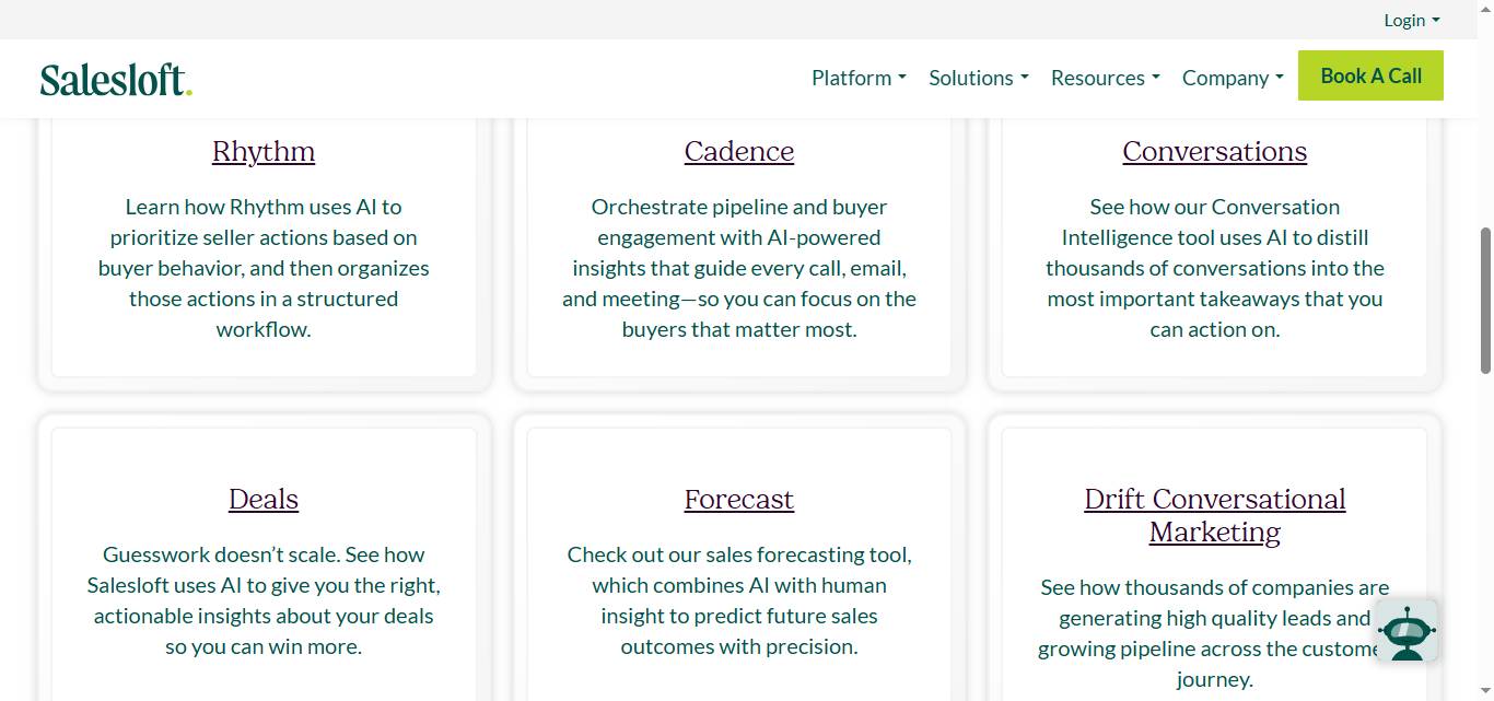 Salesloft's features: Rhythm, Cadence, Conversations, Deals, Forecast, and Drift Conversational Marketing.