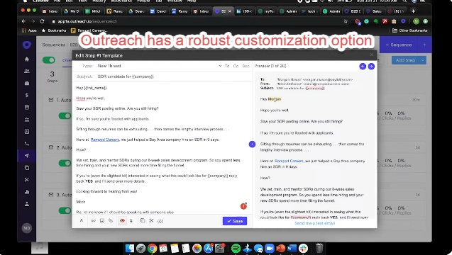 Screenshot of Outreach's customization options for email templates.
