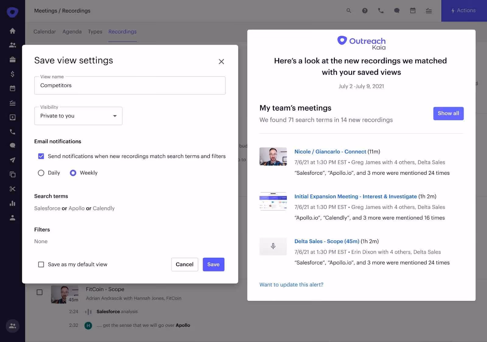 Screenshot of a save view settings window in Outreach.