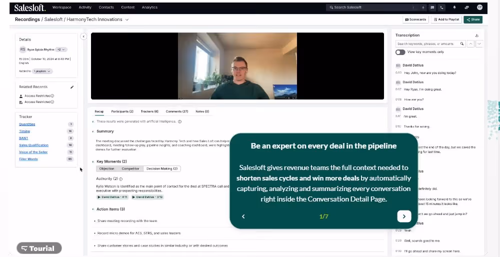 Salesloft conversation detail page showing meeting summary and key moments.