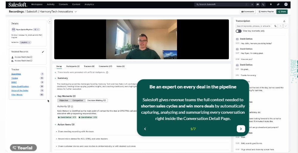 Salesloft conversation detail page showing meeting summary and key moments.