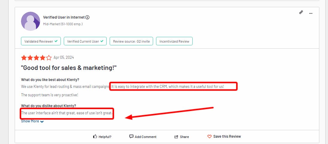 Review of Klenty clunky UI