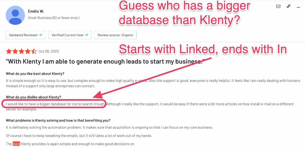 Review highlighting Klenty's poor database