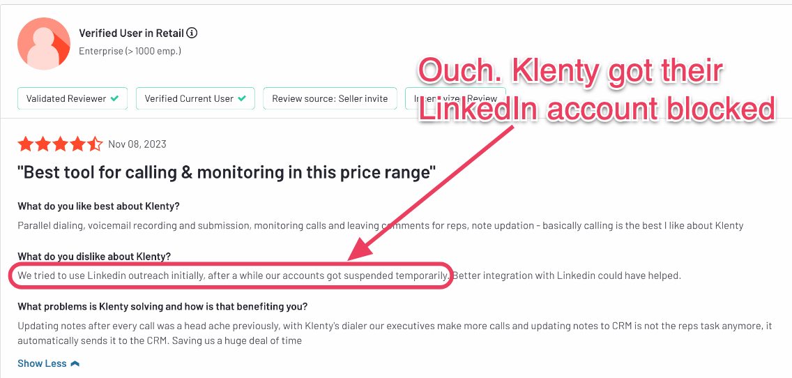 Review highlighting Klenty user's account was blocked