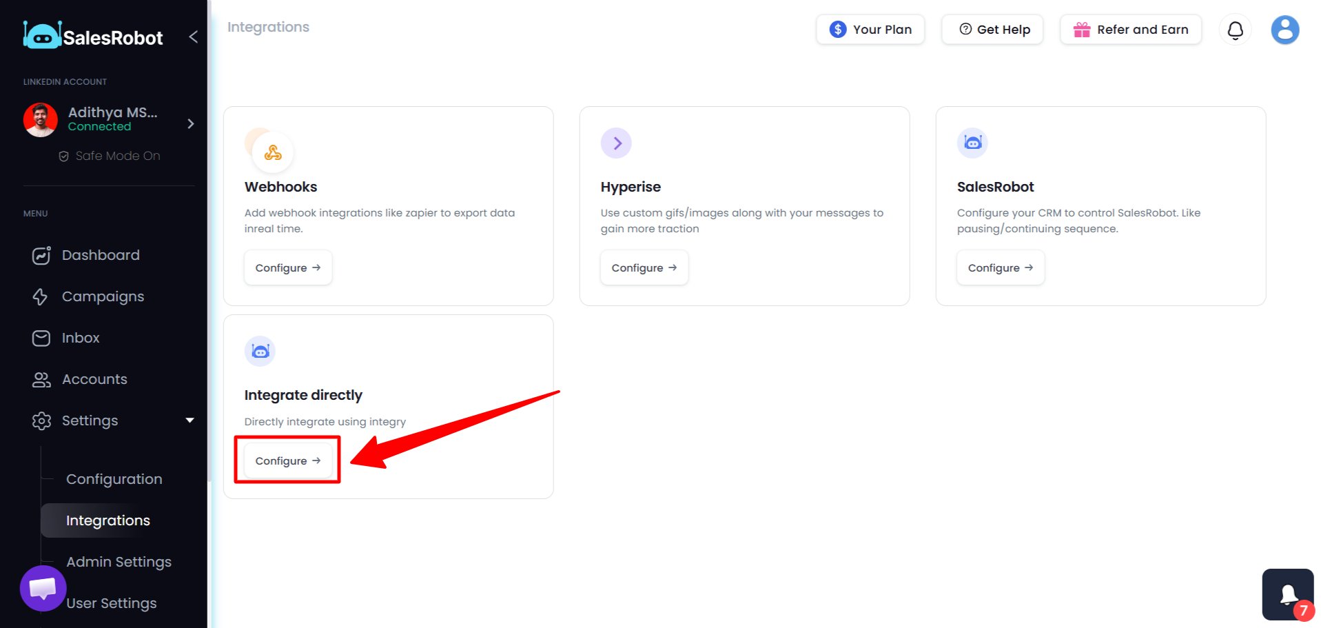 Configure button on the integrate directly option in SalesRobot