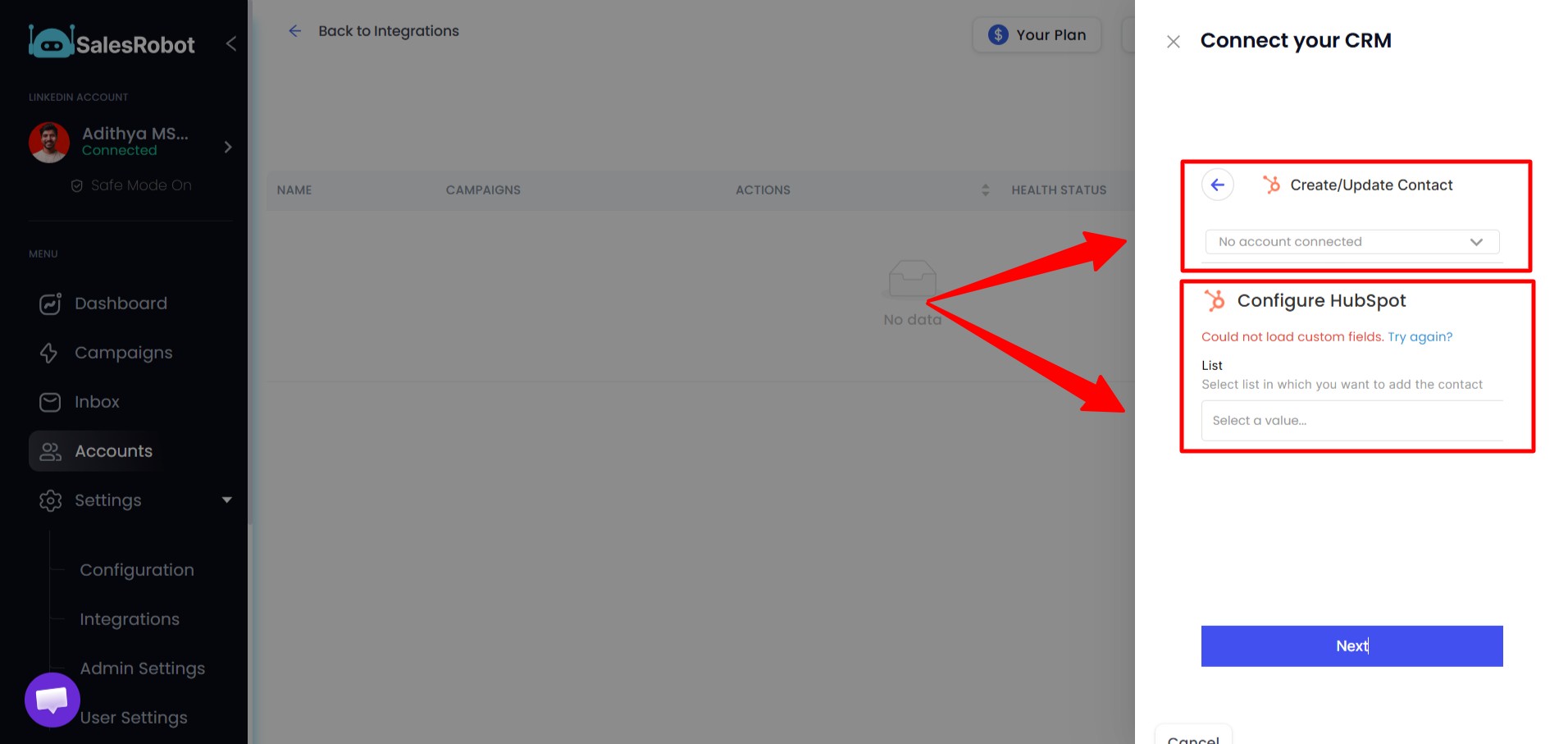 Options to create/update contacts and list selection for contact addition