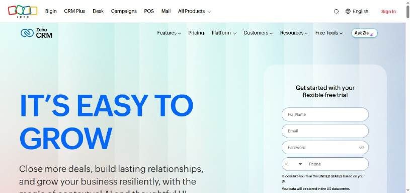 Zoho CRM homepage