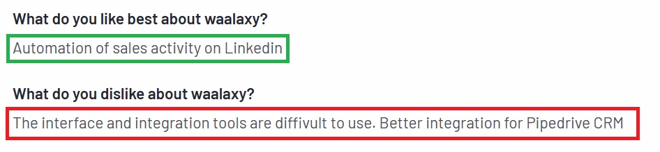 Negative user review of Waalaxy saying that the integrations are hard to use