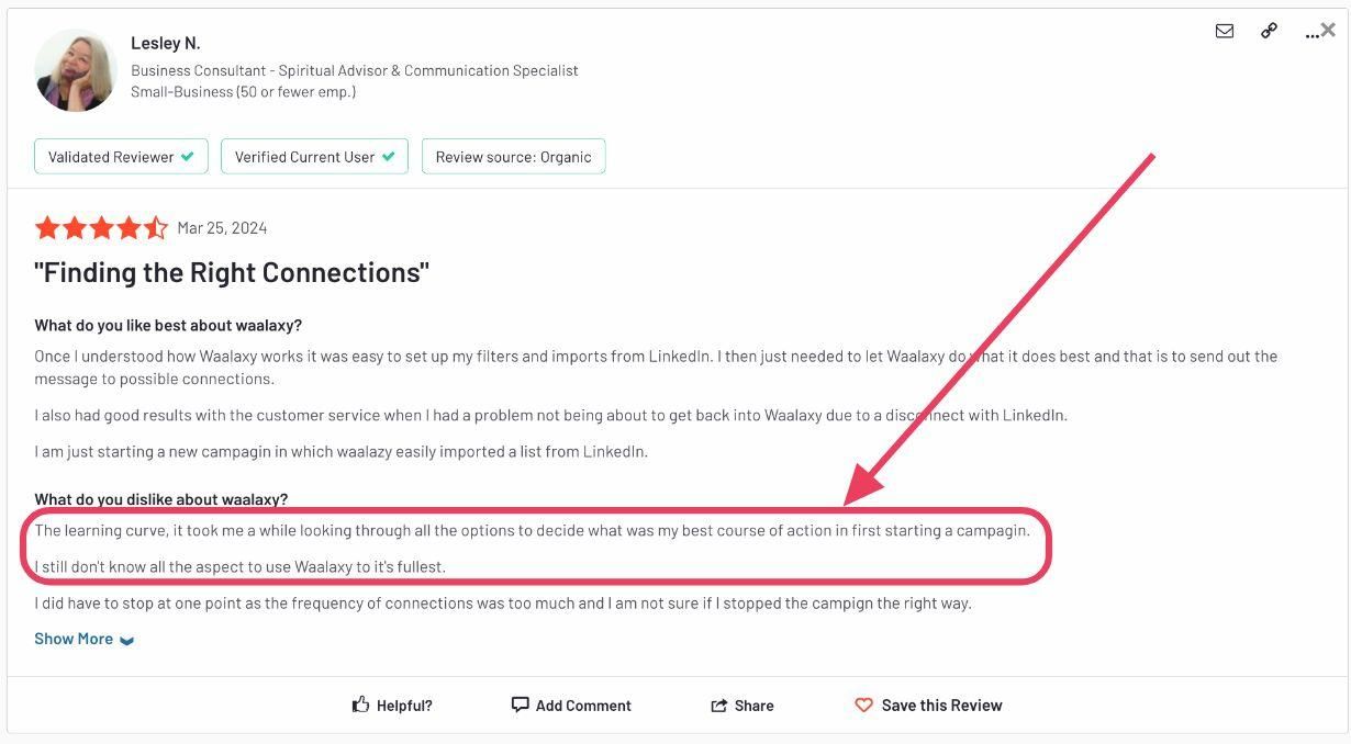 Negative user review of Waalaxy saying that the learning curve is steep and difficult to use