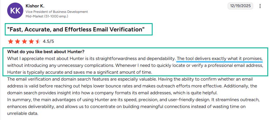 Hunter.io G2 user review