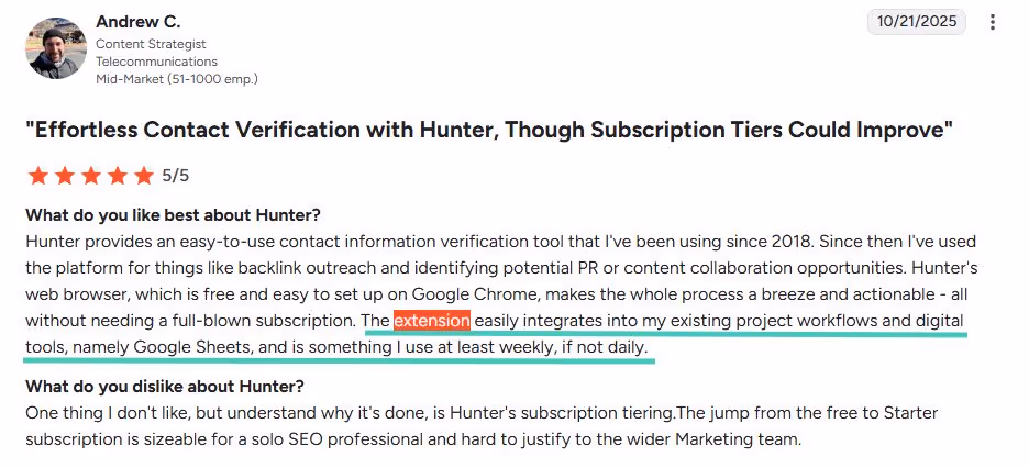 Hunter.io G2 user review
