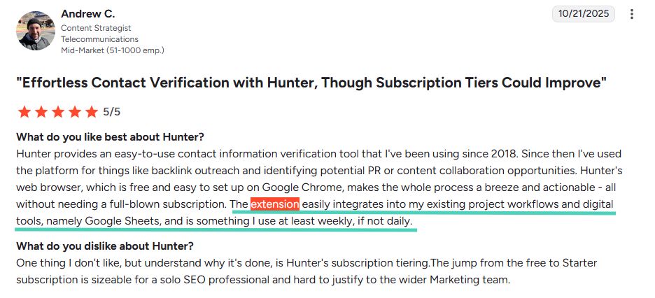 Hunter.io G2 user review