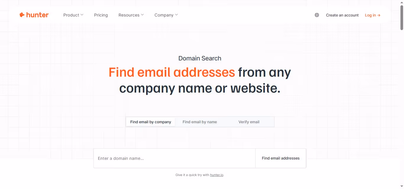 Domain search in hunter.io
