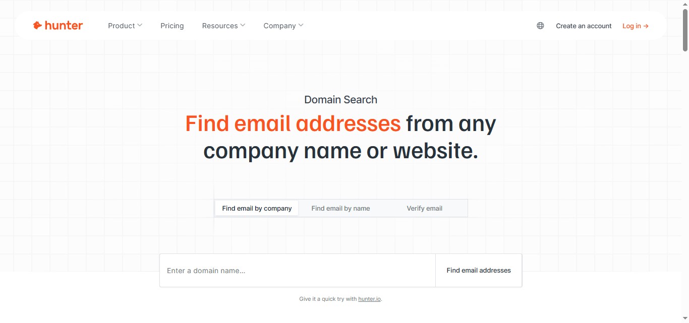 Domain search in hunter.io