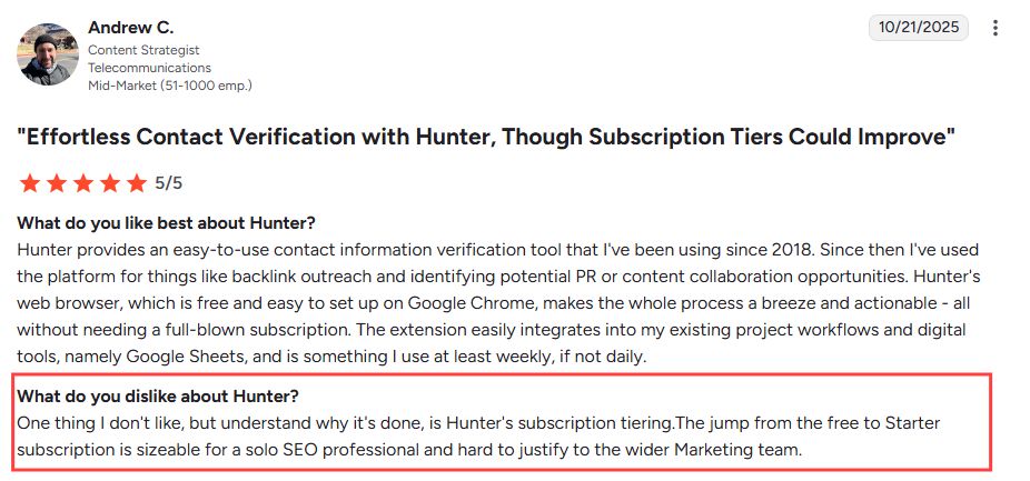 Hunter.io G2 user review
