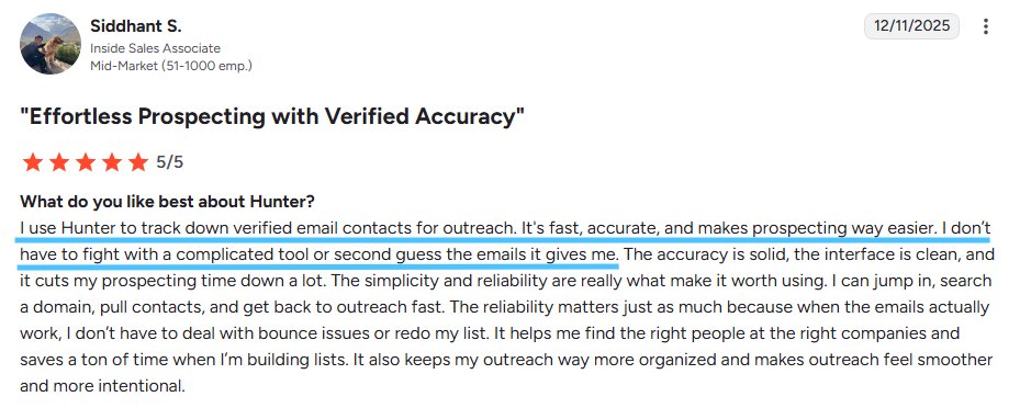 Hunter.io G2 user review