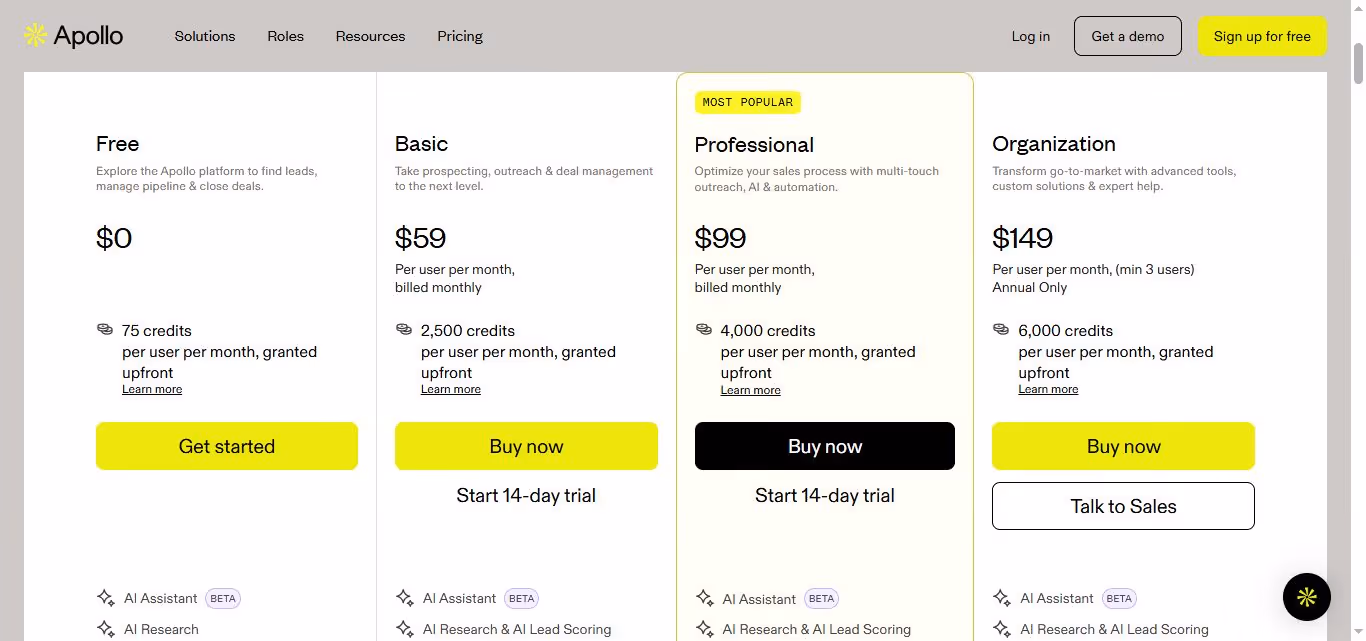 Apollo.io pricing