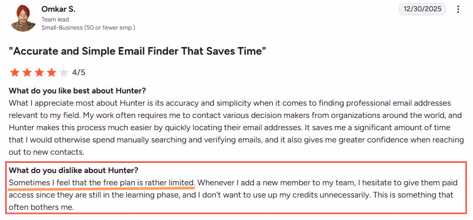 Hunter.io G2 user review