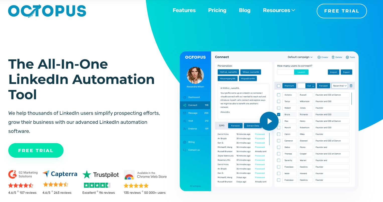 Octopus LinkedIn automation tool interface.