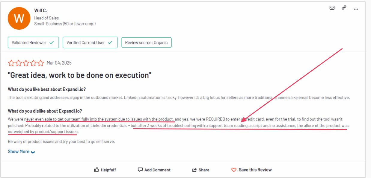 Expandi.io review highlighting product issues and support problems.