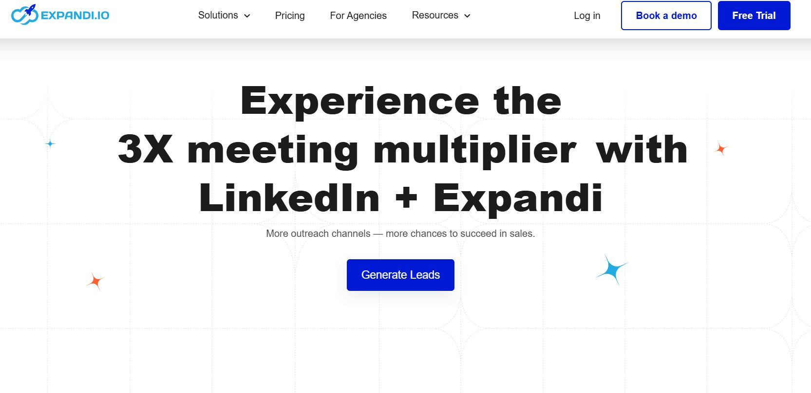 Expandi.io homepage with the slogan 'Experience the 3X meeting multiplier with LinkedIn + Expandi'.
