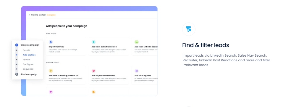 User interface showing options to add people to a campaign, including import from CSV, Sales Nav, LinkedIn Search, hashtag URL, group, and past commenters.
