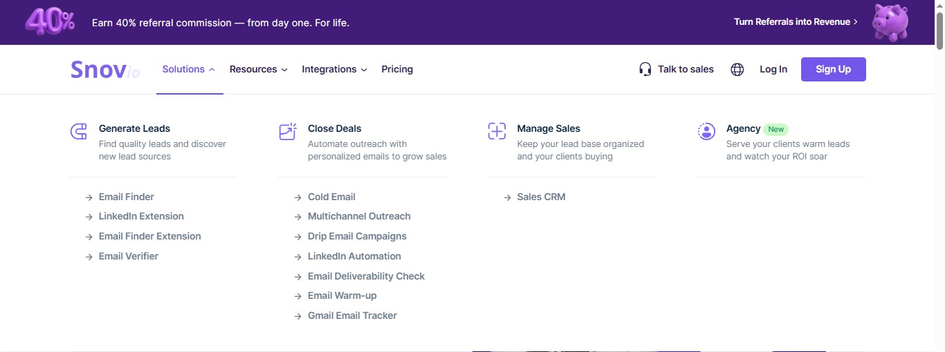 Snov.io website showing solutions for generating leads, closing deals, managing sales, and agency services.