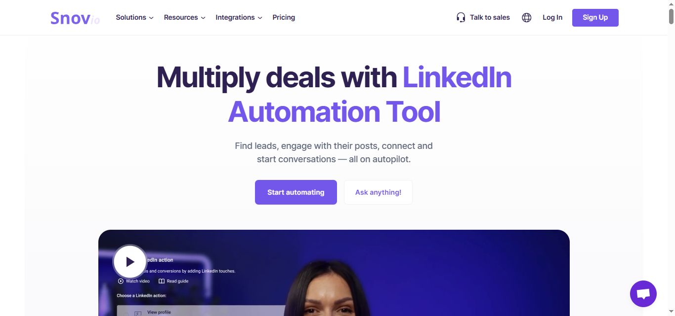 Snov.io's landing page advertising a LinkedIn Automation Tool.