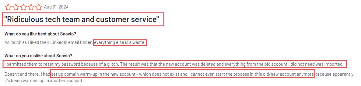A customer review with a 3-star rating and the headline "Ridiculous tech team and customer service," detailing issues with account resets and imported data.
