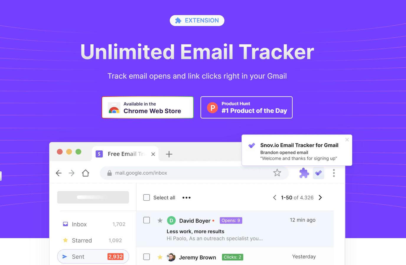 An "Unlimited Email Tracker" product page showing email tracking within a Gmail inbox.
