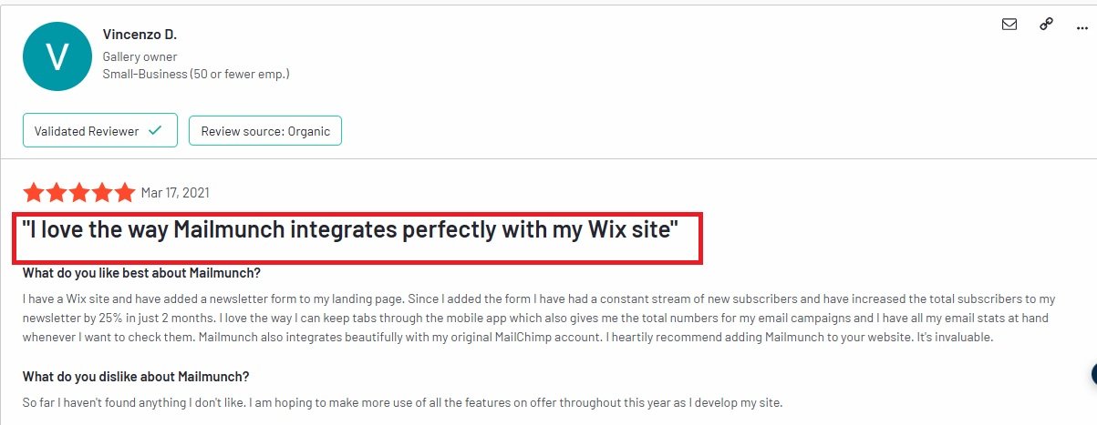 Customer review: I love the way Mailmunch integrates perfectly with my Wix site