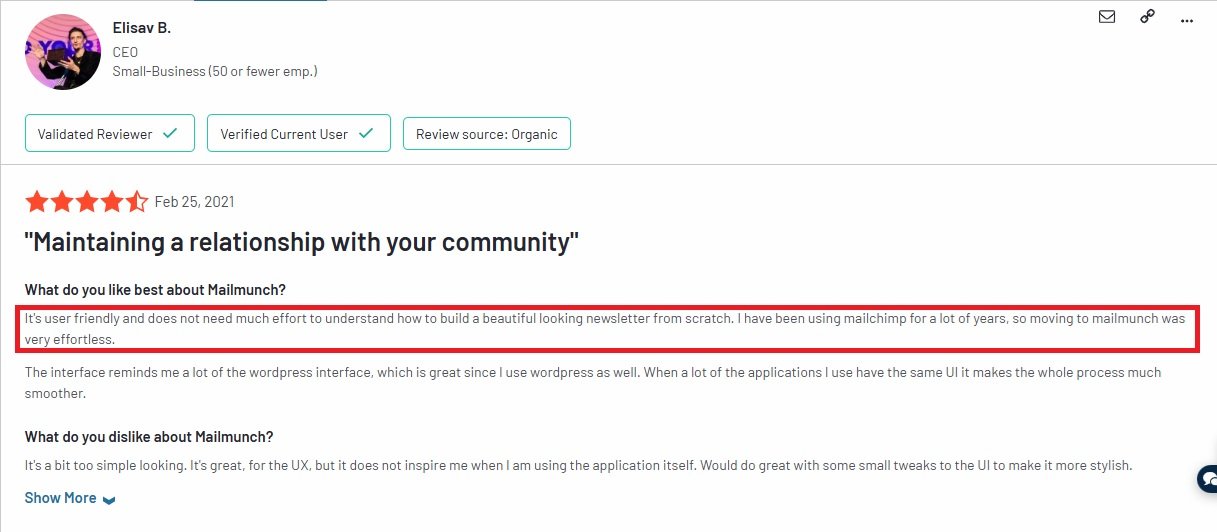 Review of Mailmunch with a 5-star rating and the comment "Maintaining a relationship with your community"