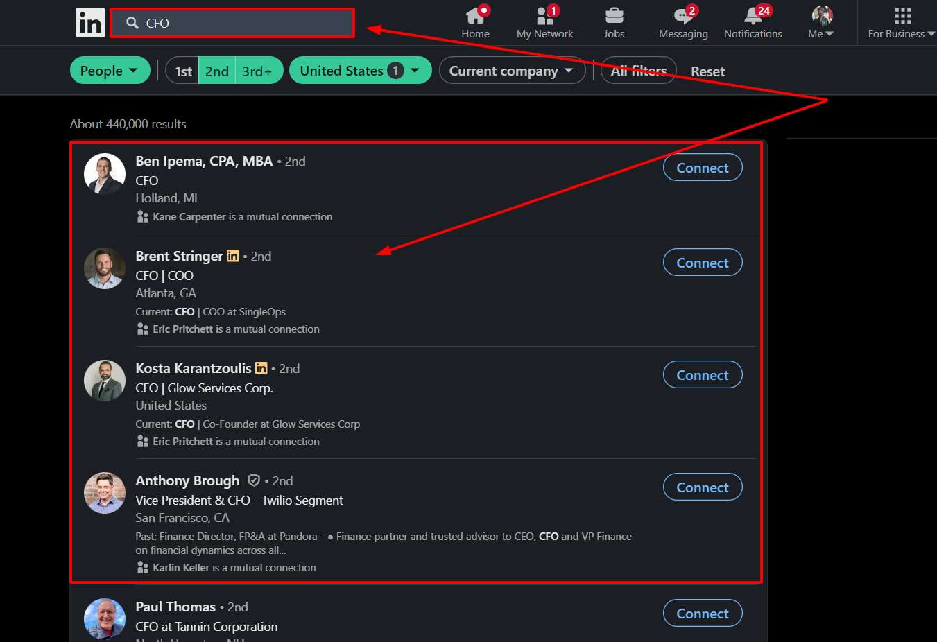 LinkedIn search bar for CFO