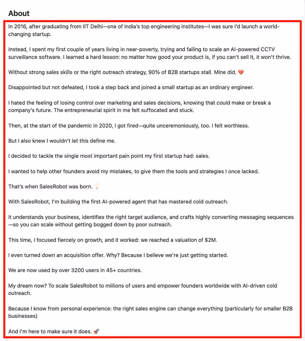 About section of SalesRobot founder's LinkedIn profile describing the company's journey and mission.