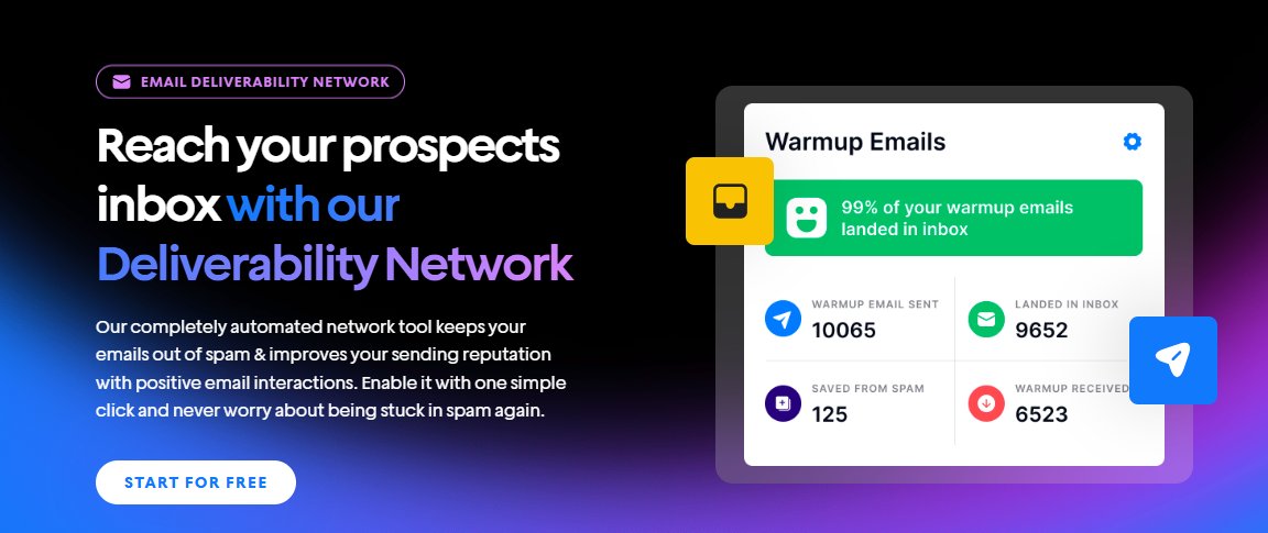 Illustration showcasing the "Reach your prospects inbox" feature with statistics on warmup emails sent and landed in inbox.