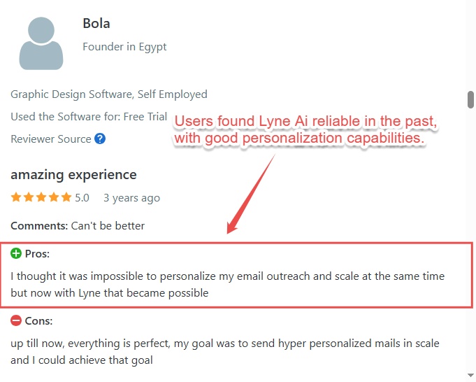 Positive review of Lyne AI highlighting its reliability and personalization capabilities