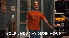 A man celebrating with the words 'Your lives may begin again'