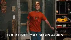 A man celebrating with the words 'Your lives may begin again'