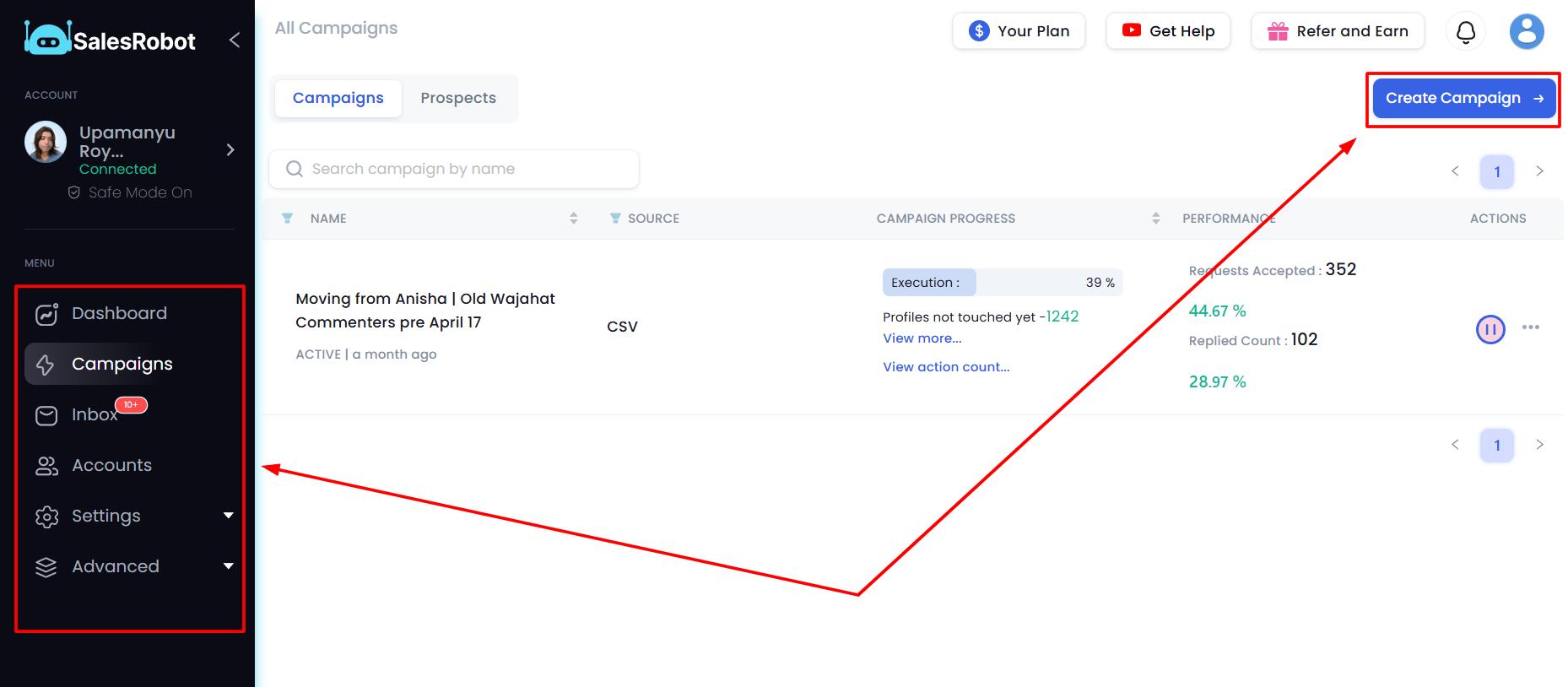 SalesRobot dashboard campaign settings and campaign creation button.