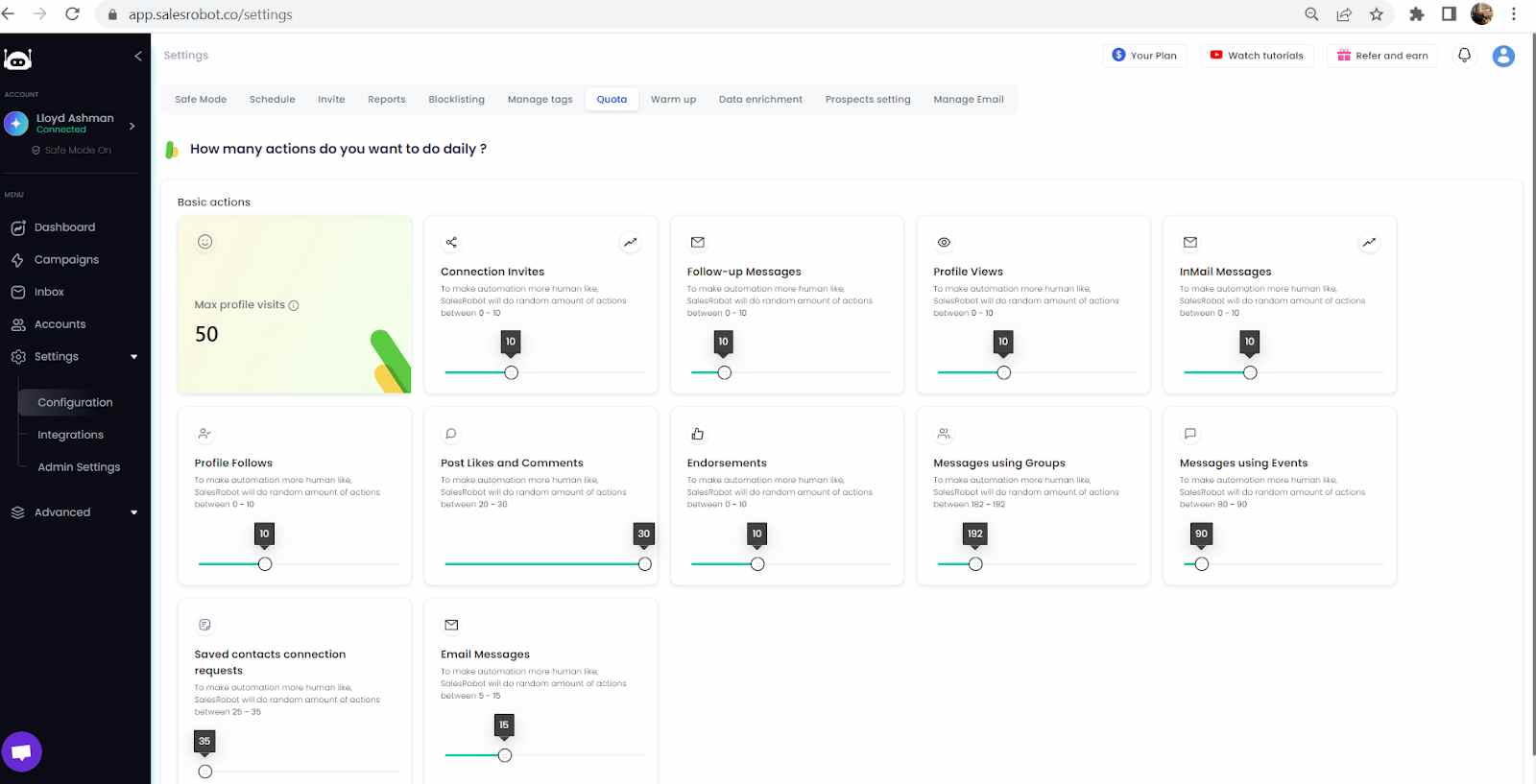 SalesRobot campaign activity quota
